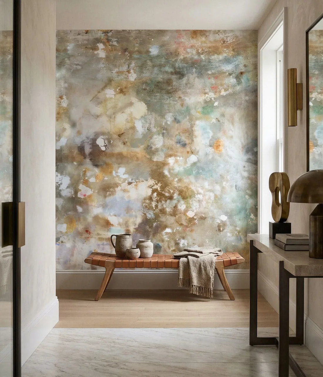 Sculptural wallcovering mural in a softly lit interior