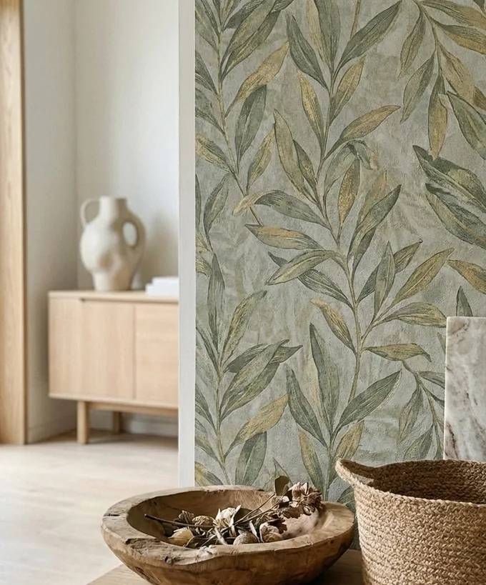 Close view of botanical wallpaper texture and a natural woven basket