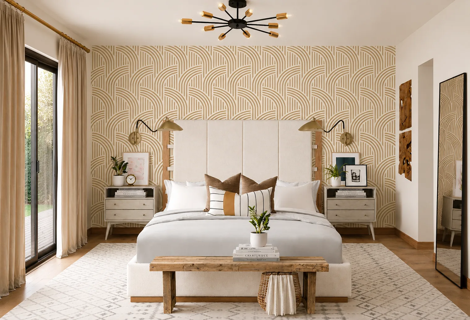 Warm, finished bedroom with carefully installed geometric wallcovering